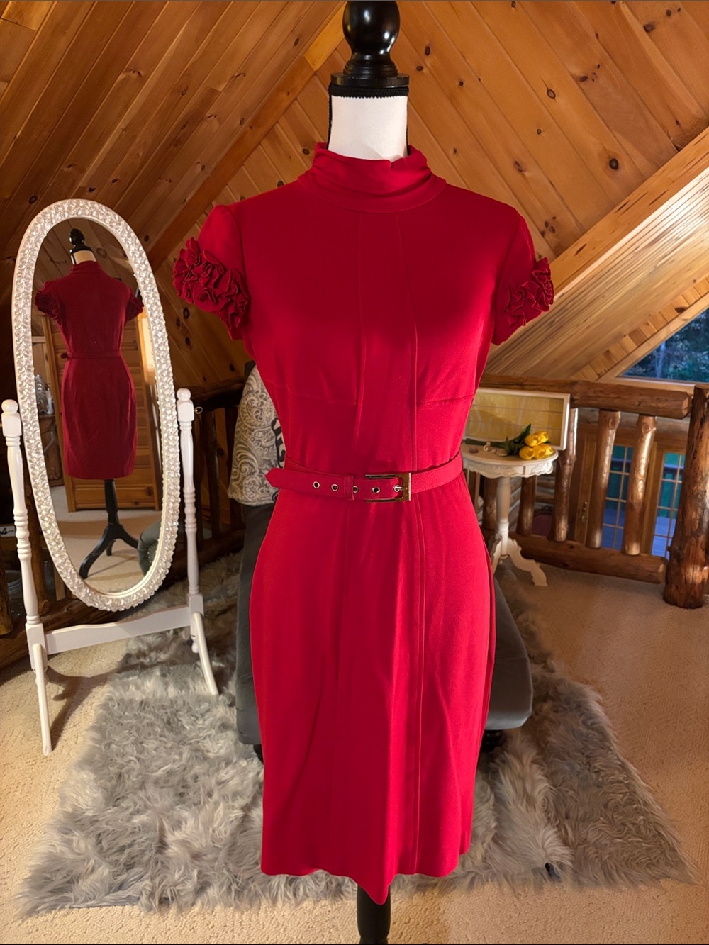 Cache Vibrant Red Midi Dress with Belt and Ruffled Cap Sleeves